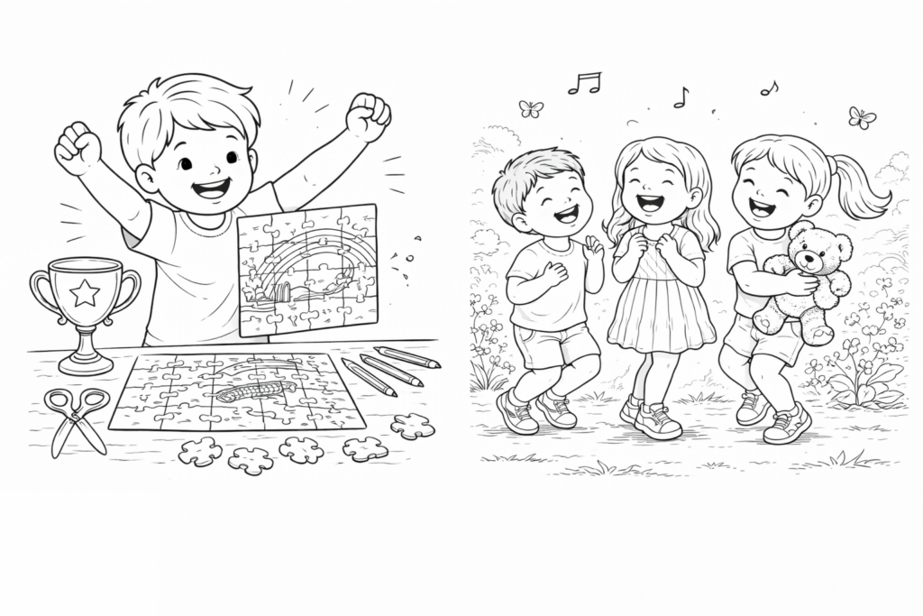 Es zeigt fröhliche Kinder , die singen und Puzzel spielen