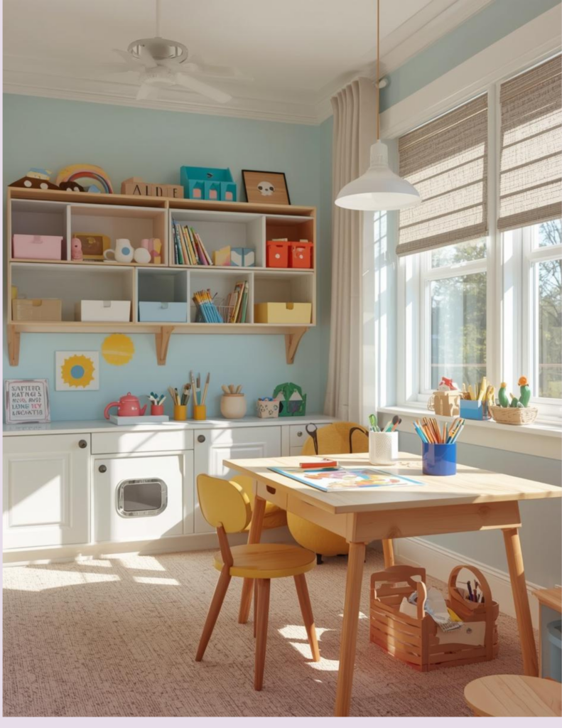 Helles freundlichen Kinderzimmer , mit schreibtisch regalen bunten büchern