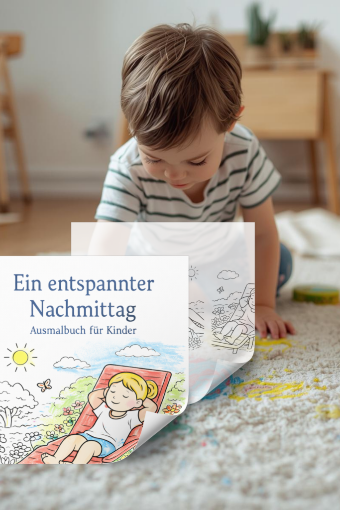 Es zeigt ein Ausmalbuch für Kinder von 4-8 Jahren Hier liegt ein kleines Mädchen auf einem Liegestuhl und genießt die Ruhe und das Wetter (blauer Himmel und sonne im Hintergrund)