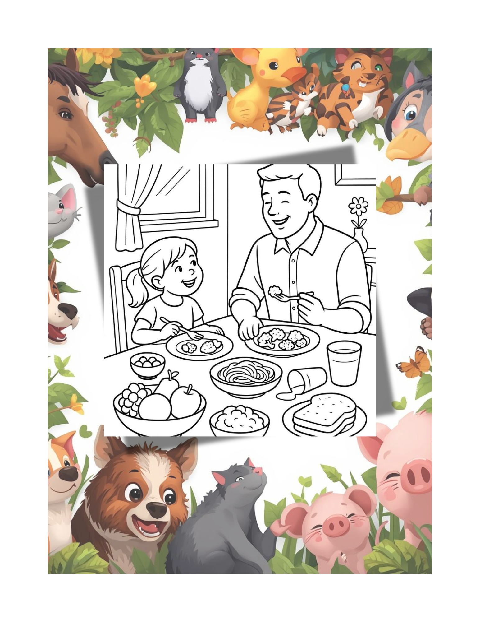 Ein bild zum Ausmalen für Kidner von 4-8 Jahren, sehr liebevoll, papa& Tochter Alltag zum mitmachen und lachen, papa sitzt mit Tochter am Tisch und essen.