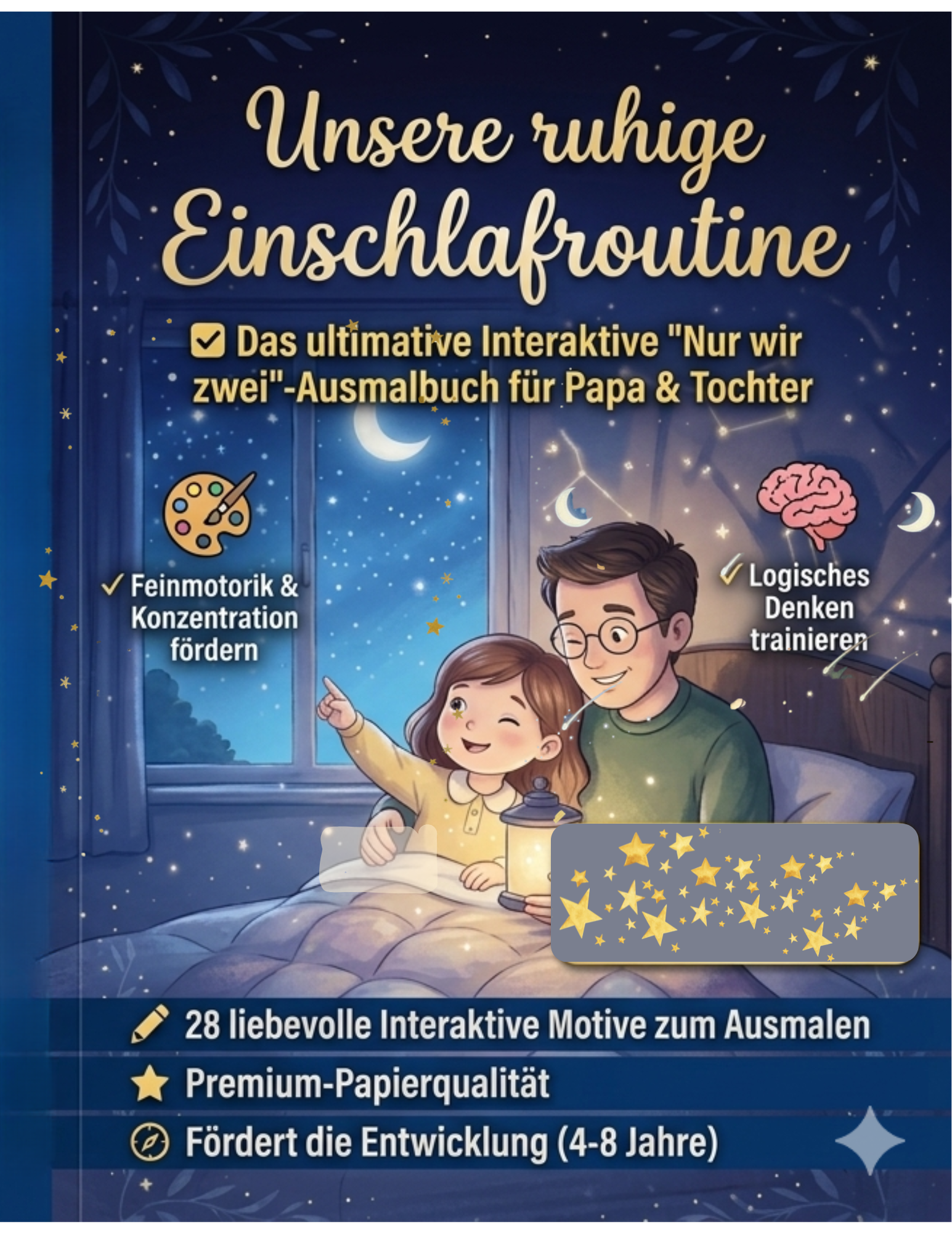 Papa und Tochter lesen gemeinsam eine abendgeschichte- elternhilfe . kitakinder. vorschulkinder. ausmalbuch kinder lernen von 4-8 Jahren .malen